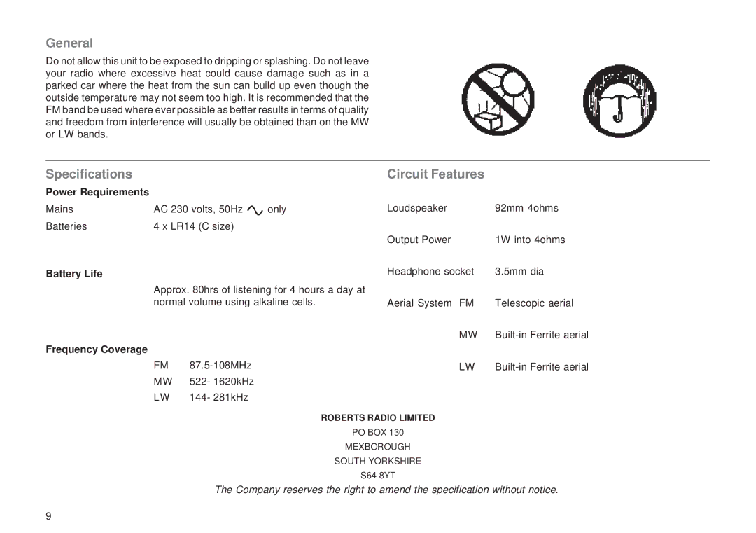 Roberts Radio R9928 manual General, Specifications, Circuit Features 