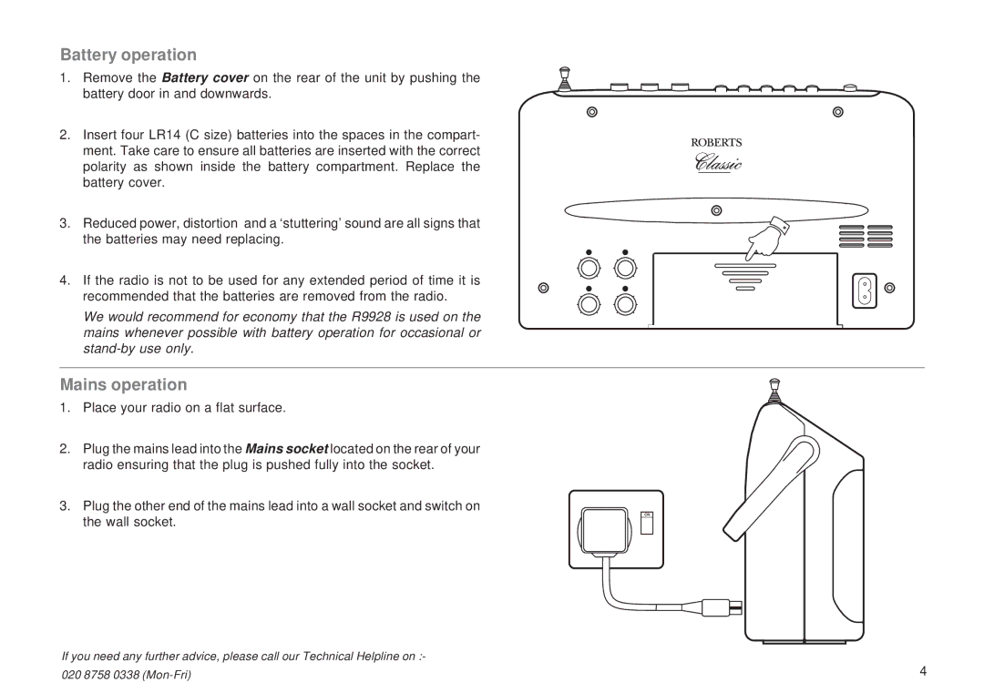 Roberts Radio R9928 manual Battery operation, Mains operation 