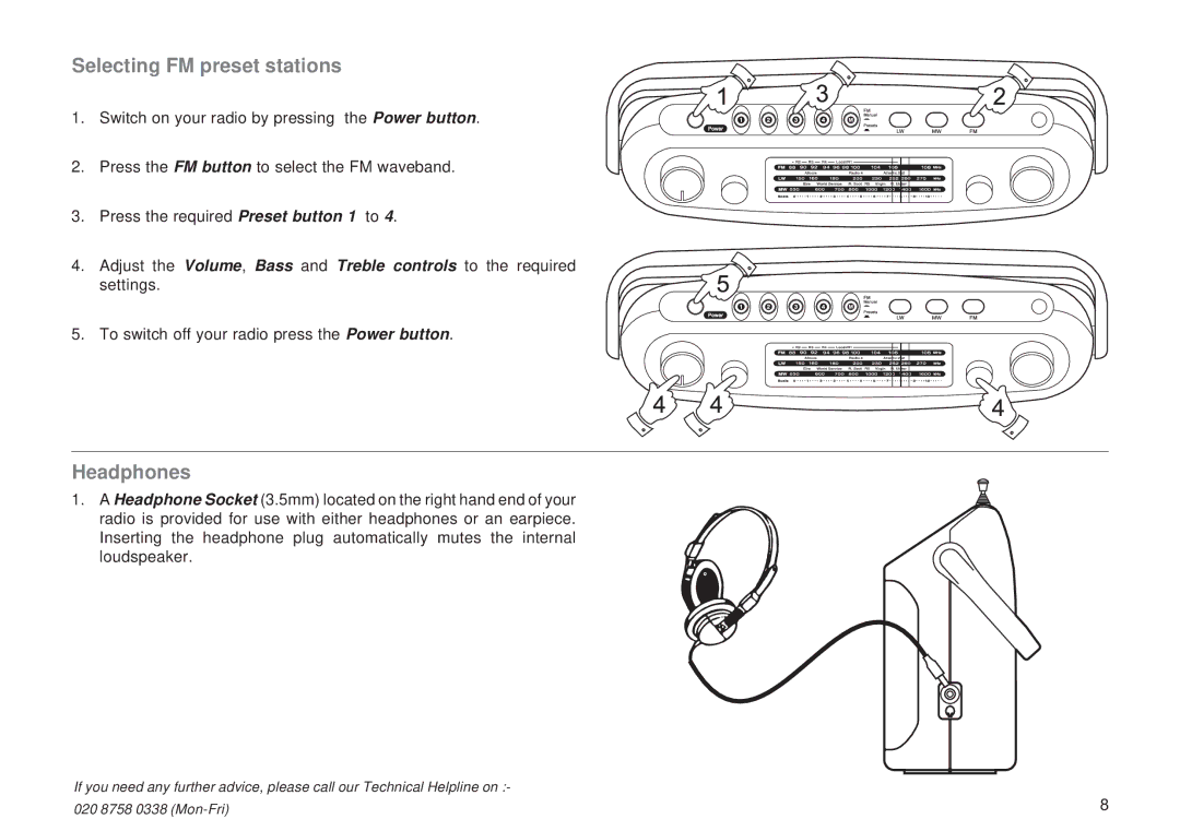 Roberts Radio R9928 manual Selecting FM preset stations, Headphones 