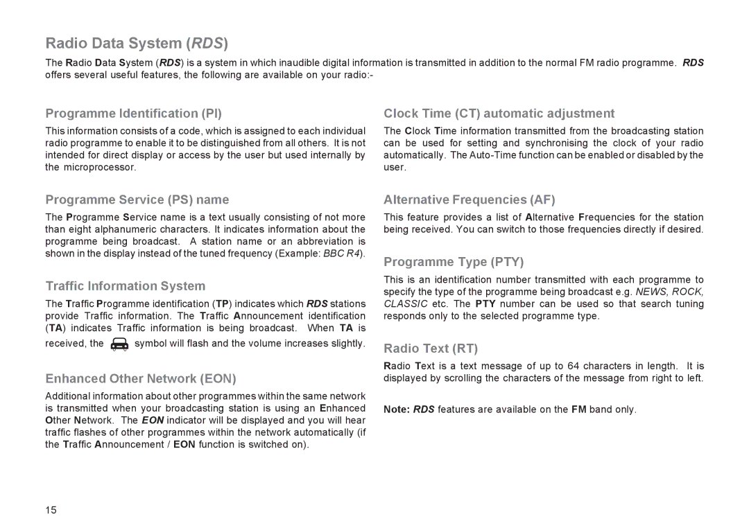 Roberts Radio R9929 manual Programme Identification PI, Clock Time CT automatic adjustment, Programme Service PS name 