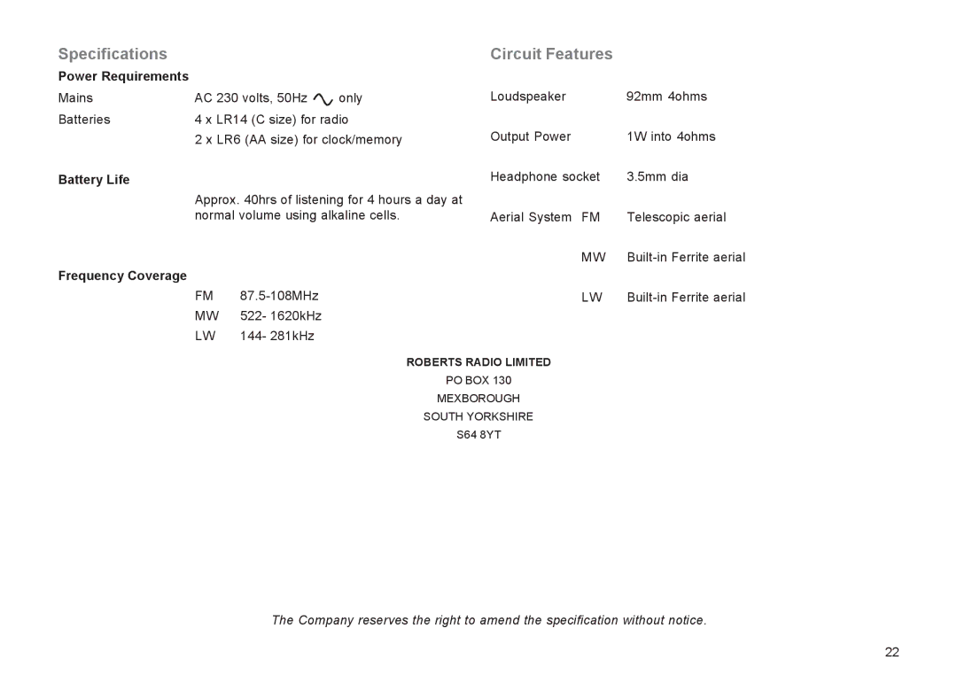 Roberts Radio R9929 manual Specifications, Circuit Features 