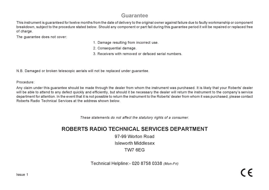 Roberts Radio R9929 manual Roberts Radio Technical Services Department 