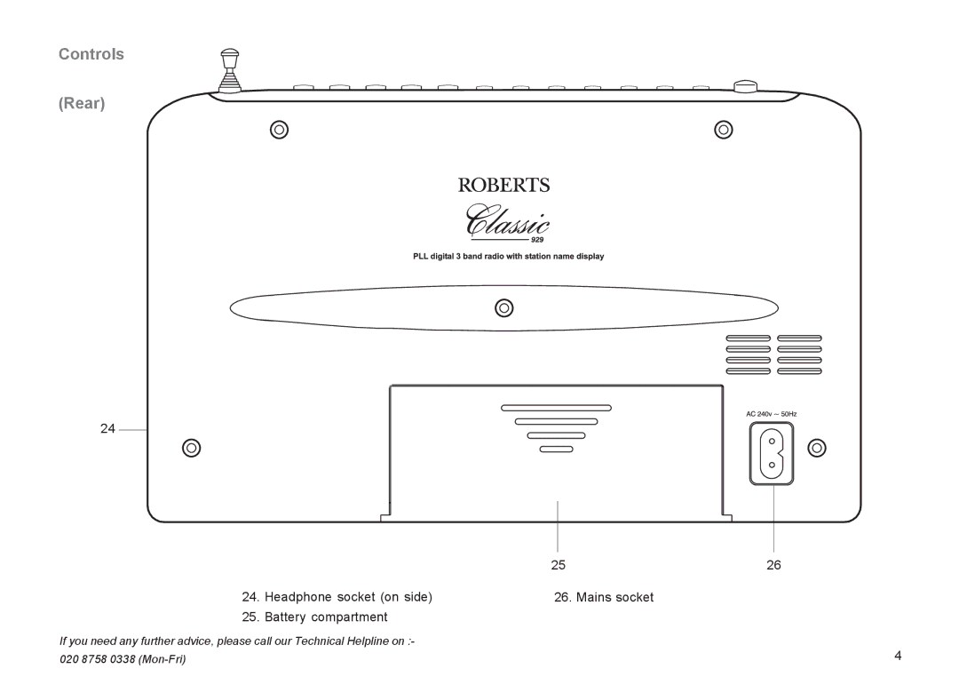 Roberts Radio R9929 manual Controls Rear, Headphone socket on side Mains socket Battery compartment 