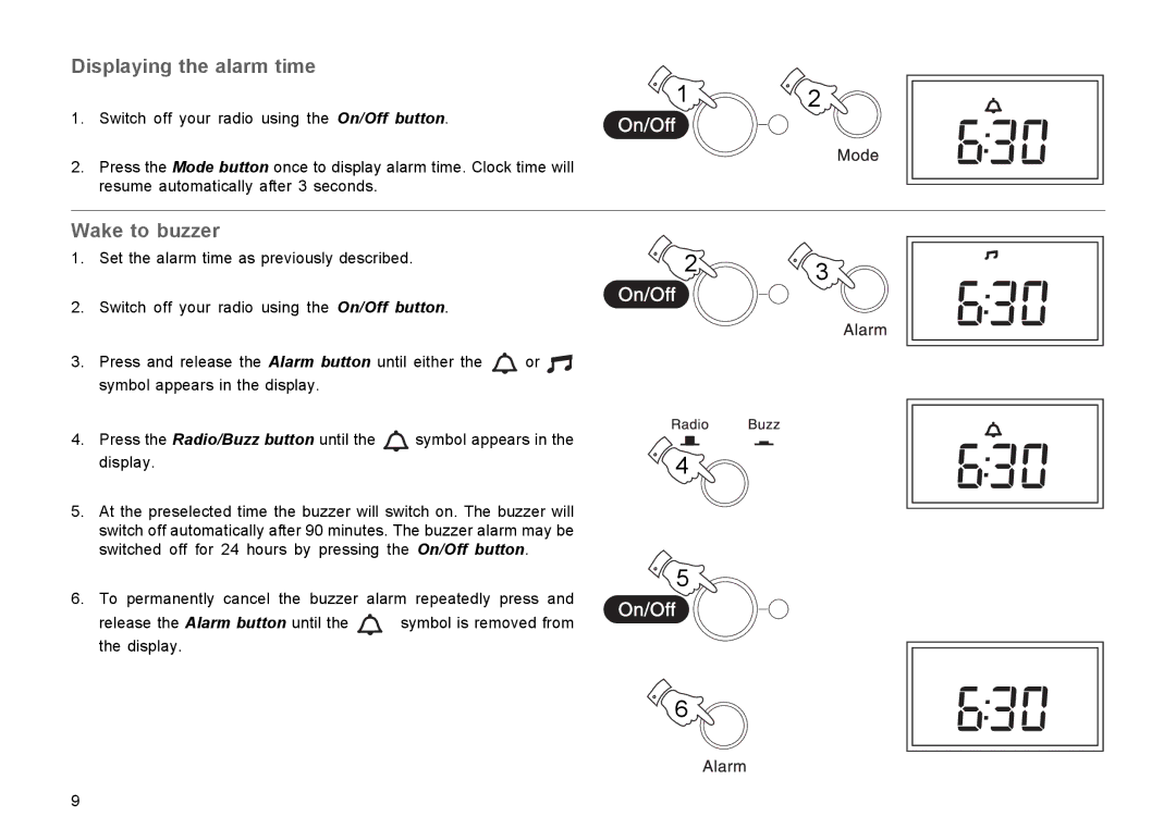 Roberts Radio R9939 manual Displaying the alarm time, Wake to buzzer 