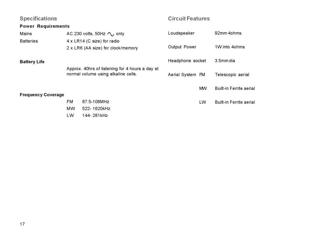 Roberts Radio R9939 manual Specifications, Circuit Features 