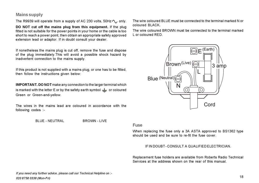 Roberts Radio R9939 manual Mains supply, Fuse 