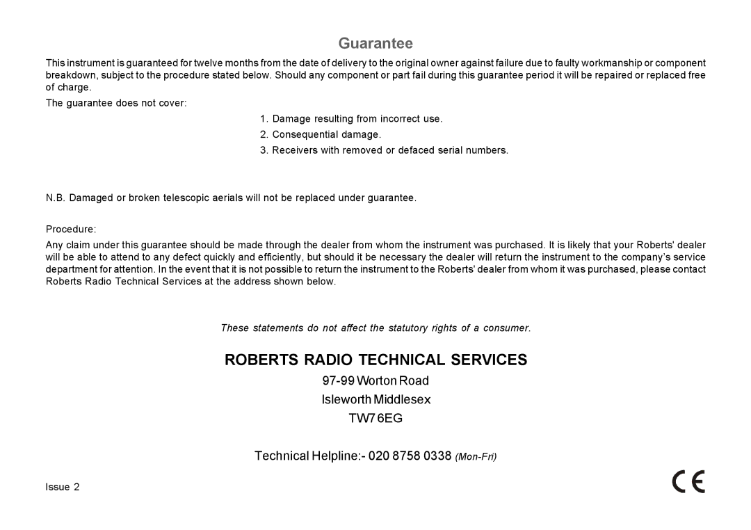 Roberts Radio R9939 manual Roberts Radio Technical Services 