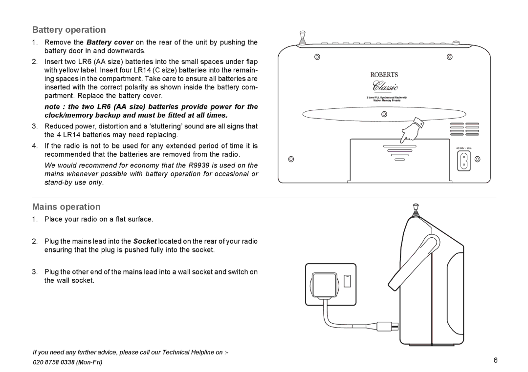 Roberts Radio R9939 manual Battery operation, Mains operation 