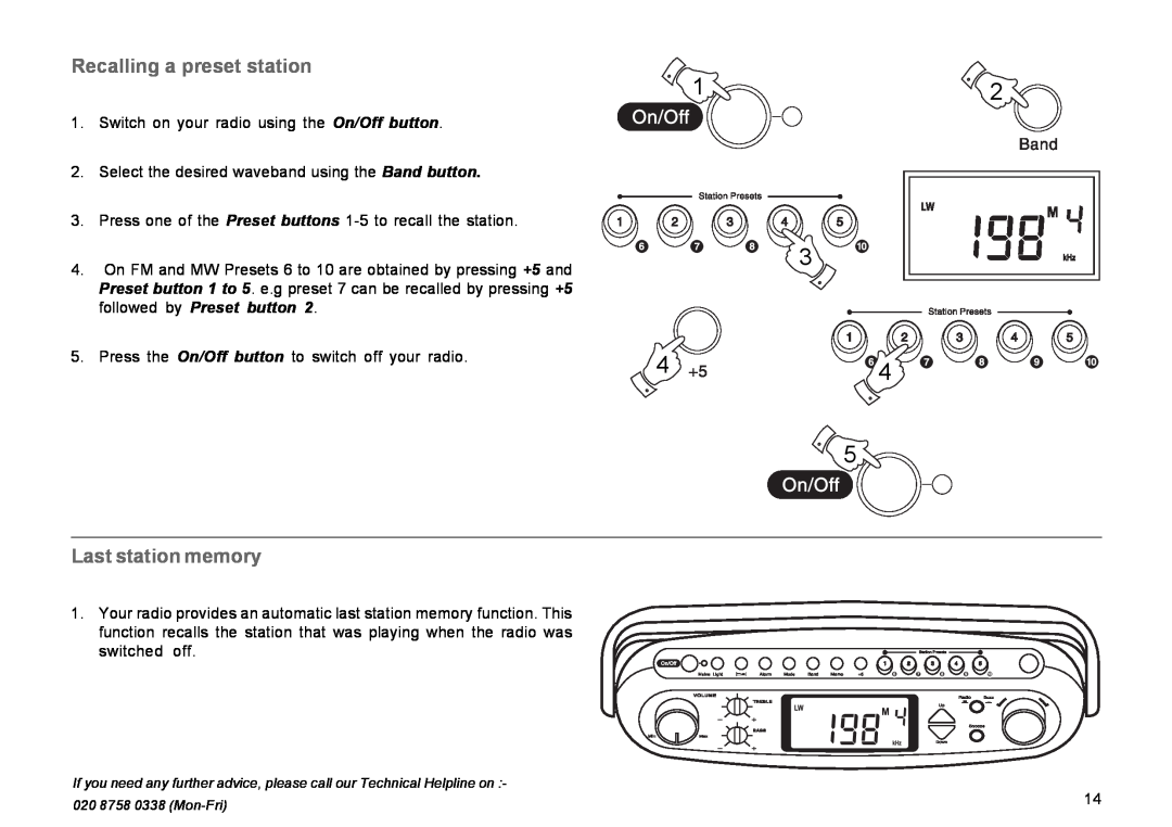 Roberts Radio R9939 manual Recalling a preset station, Last station memory, followed by Preset button 