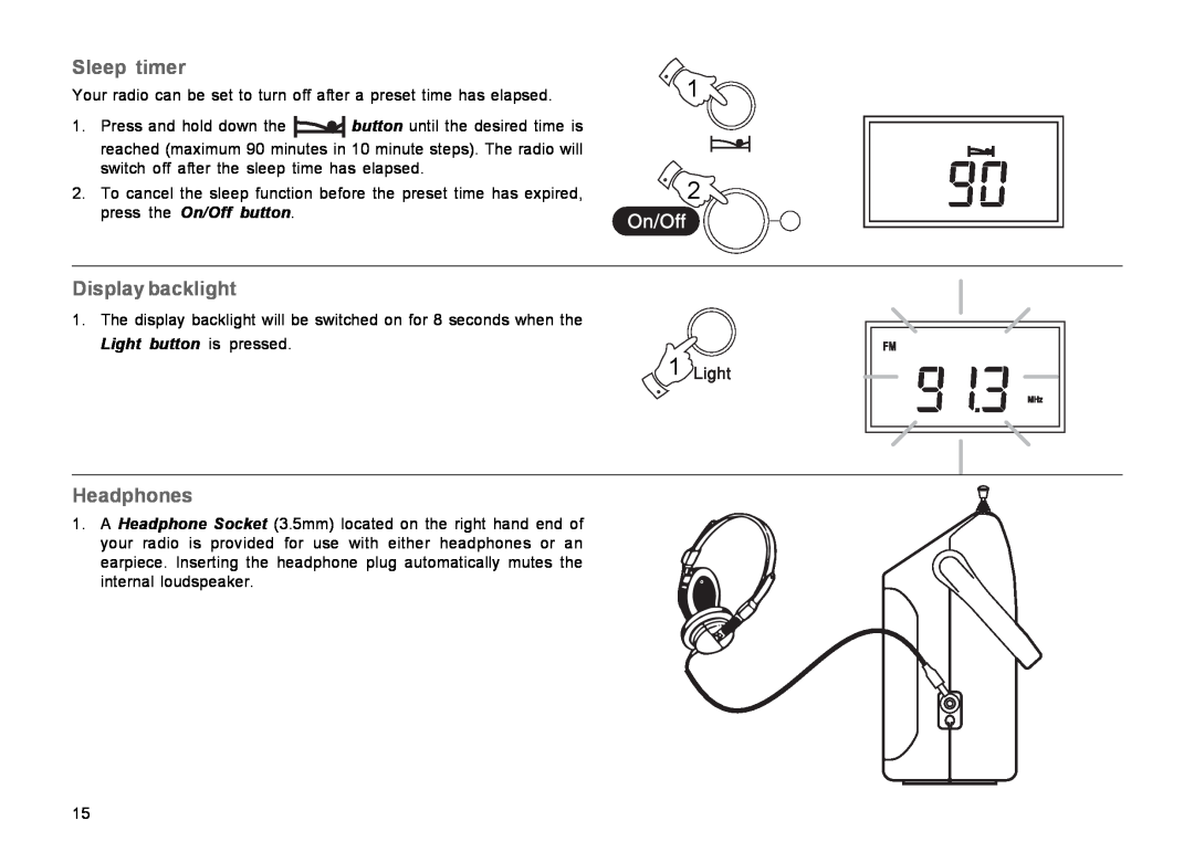 Roberts Radio R9939 manual Sleep timer, Display backlight, Headphones 