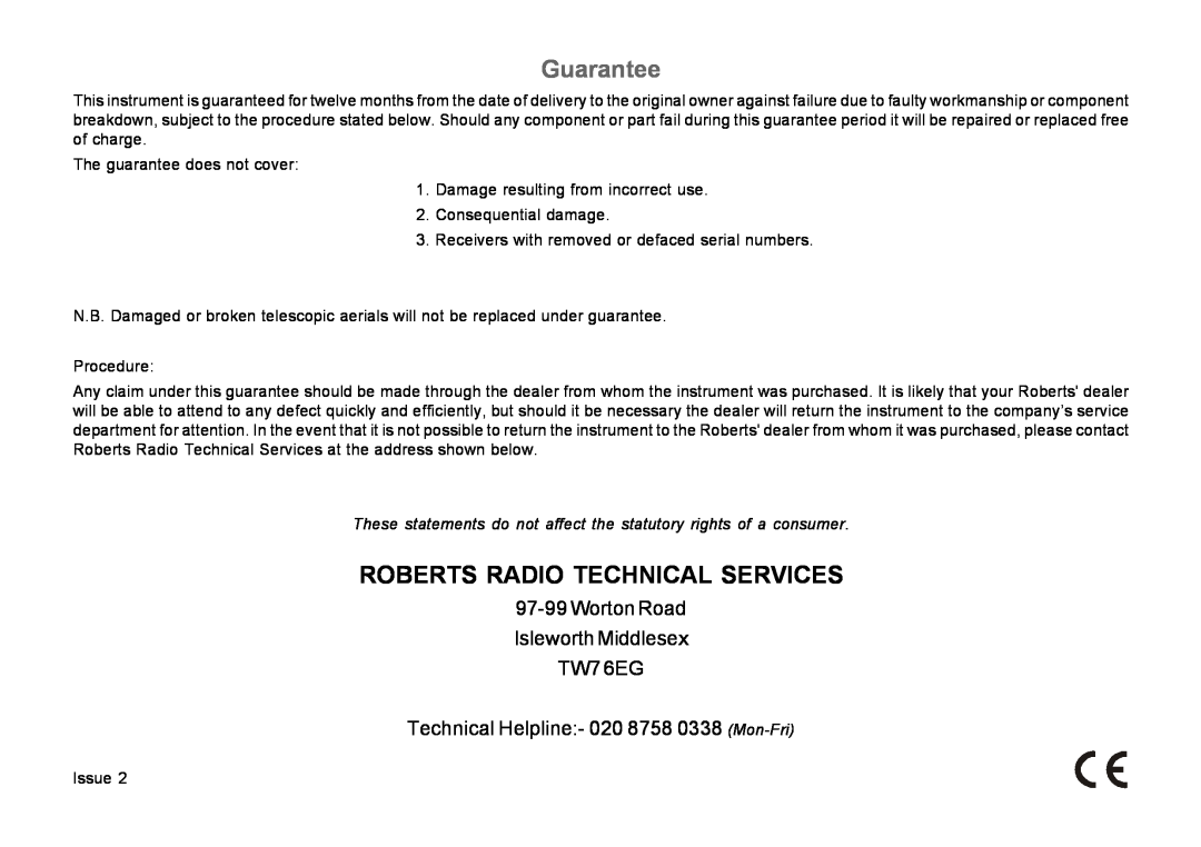 Roberts Radio R9939 manual Roberts Radio Technical Services, 97-99Worton Road Isleworth Middlesex TW7 6EG, Guarantee 