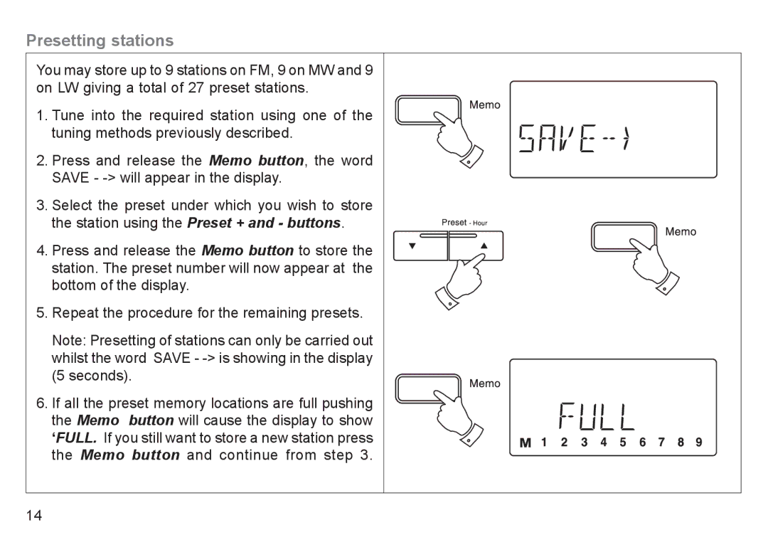 Roberts Radio R9940 manual Presetting stations 