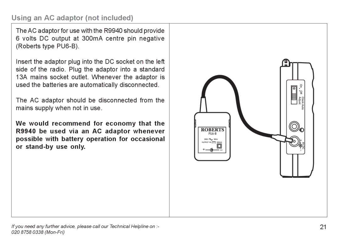 Roberts Radio R9940 manual Using an AC adaptor not included 