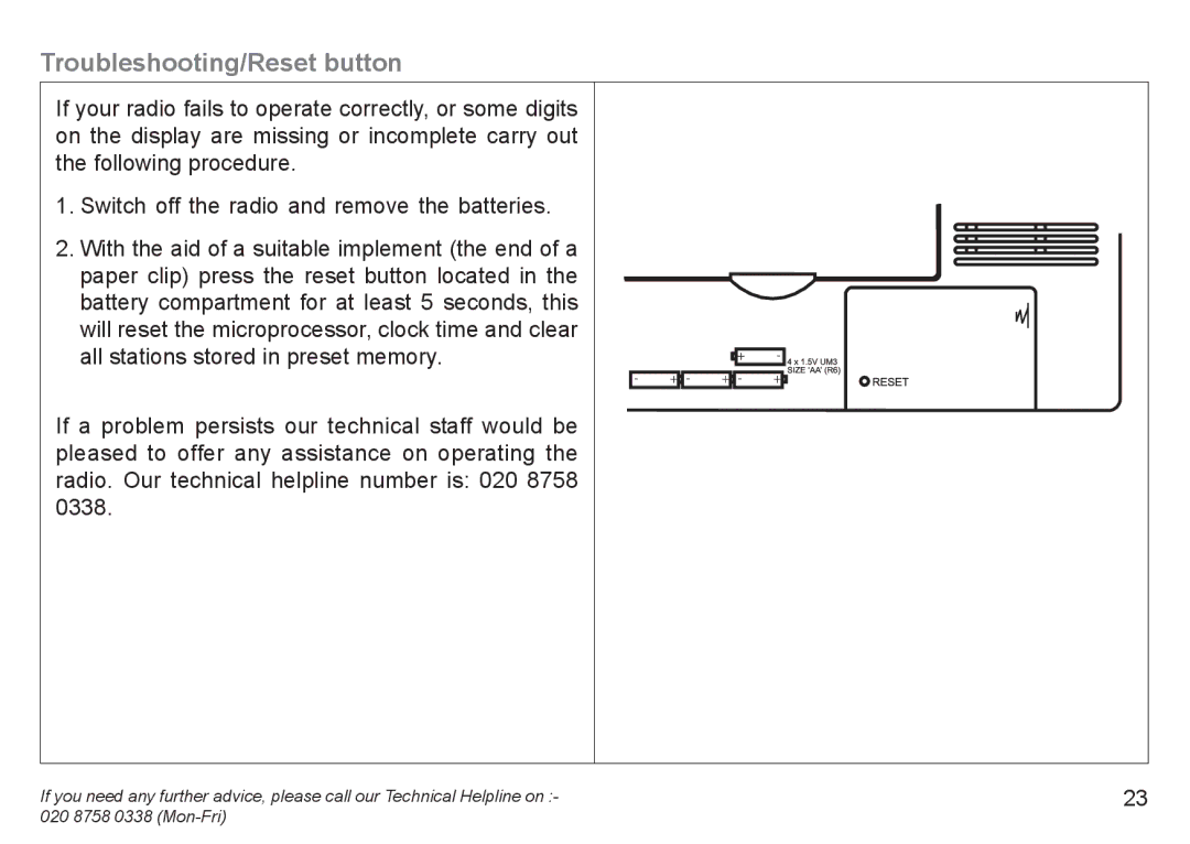 Roberts Radio R9940 manual Troubleshooting/Reset button 