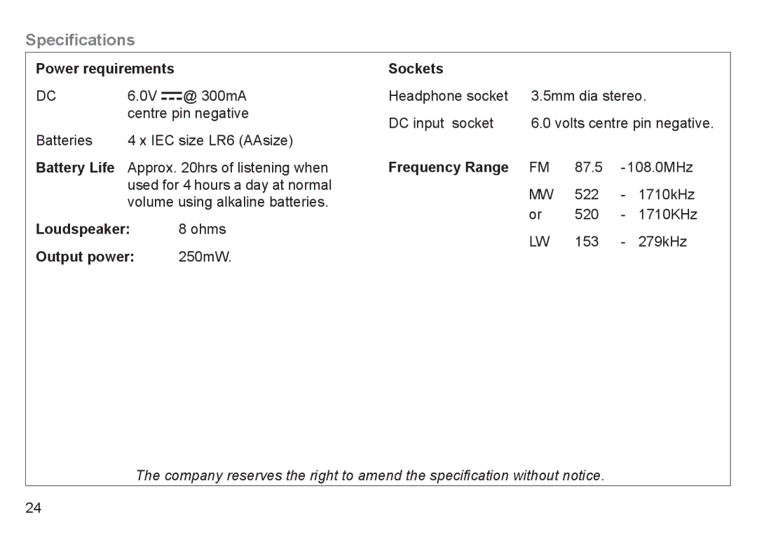 Roberts Radio R9940 manual Specifications, Power requirements 