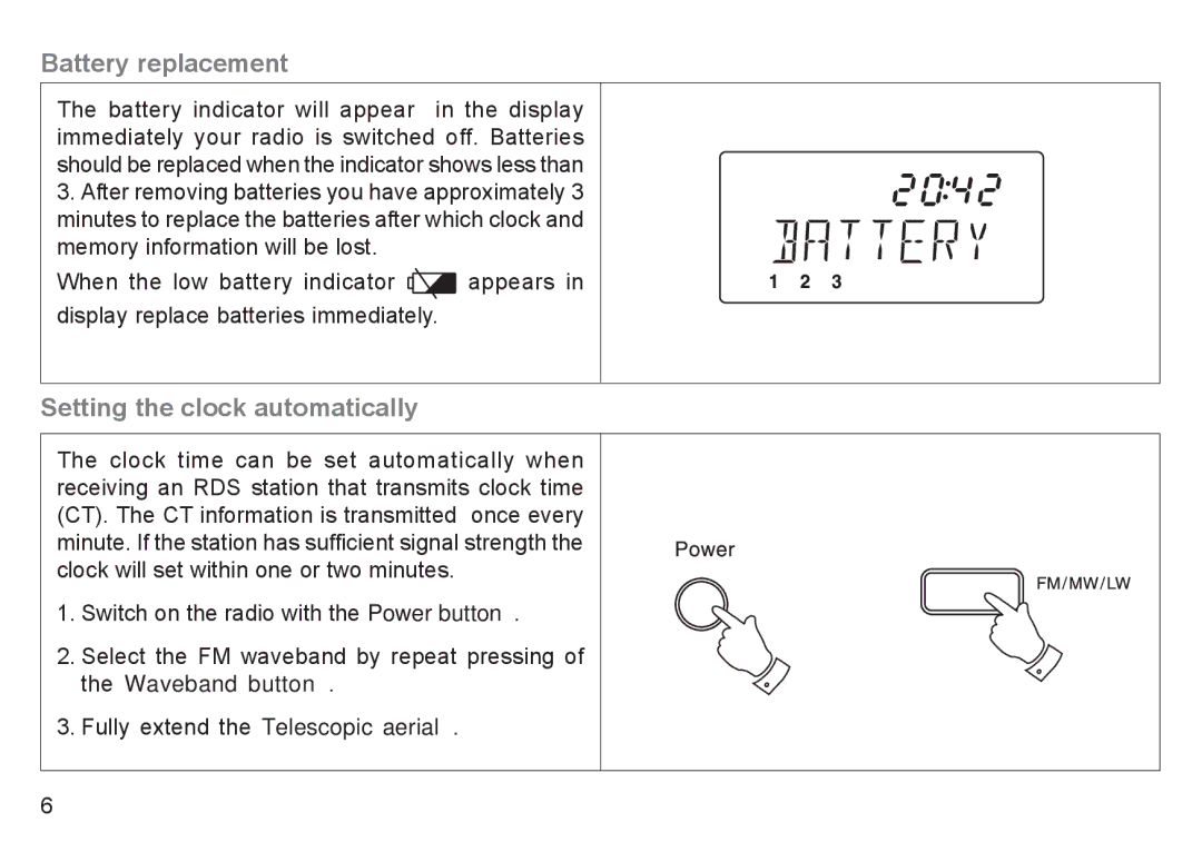 Roberts Radio R9940 manual Battery replacement, Setting the clock automatically 