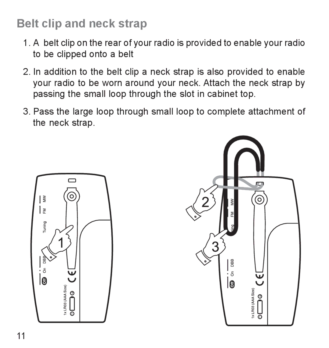 Roberts Radio R9941 manual Belt clip and neck strap 