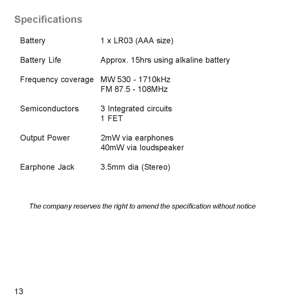 Roberts Radio R9941 manual Specifications, Fet 