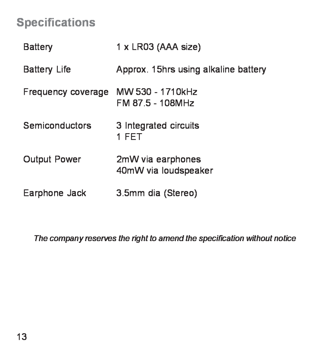 Roberts Radio R9941 manual Specifications 