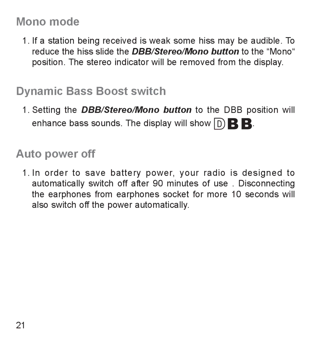Roberts Radio R9942 manual Mono mode, Dynamic Bass Boost switch, Auto power off 