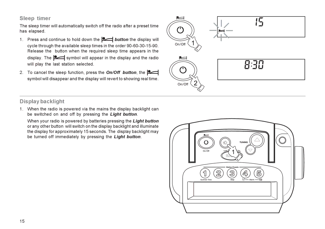 Roberts Radio R9943 manual Sleep timer, Display backlight 