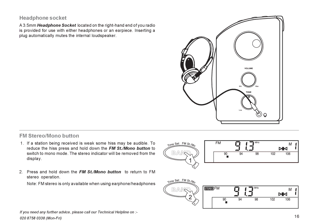 Roberts Radio R9943 manual Headphone socket, FM Stereo/Mono button 