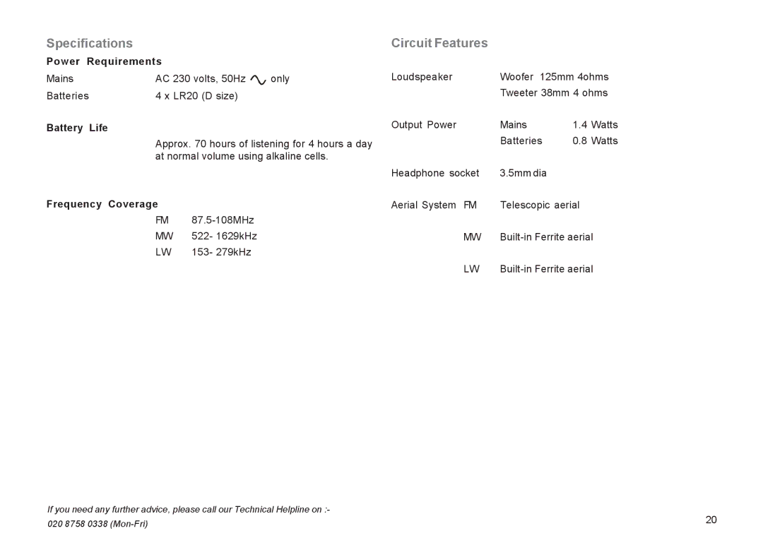 Roberts Radio R9943 manual Specifications, Circuit Features 