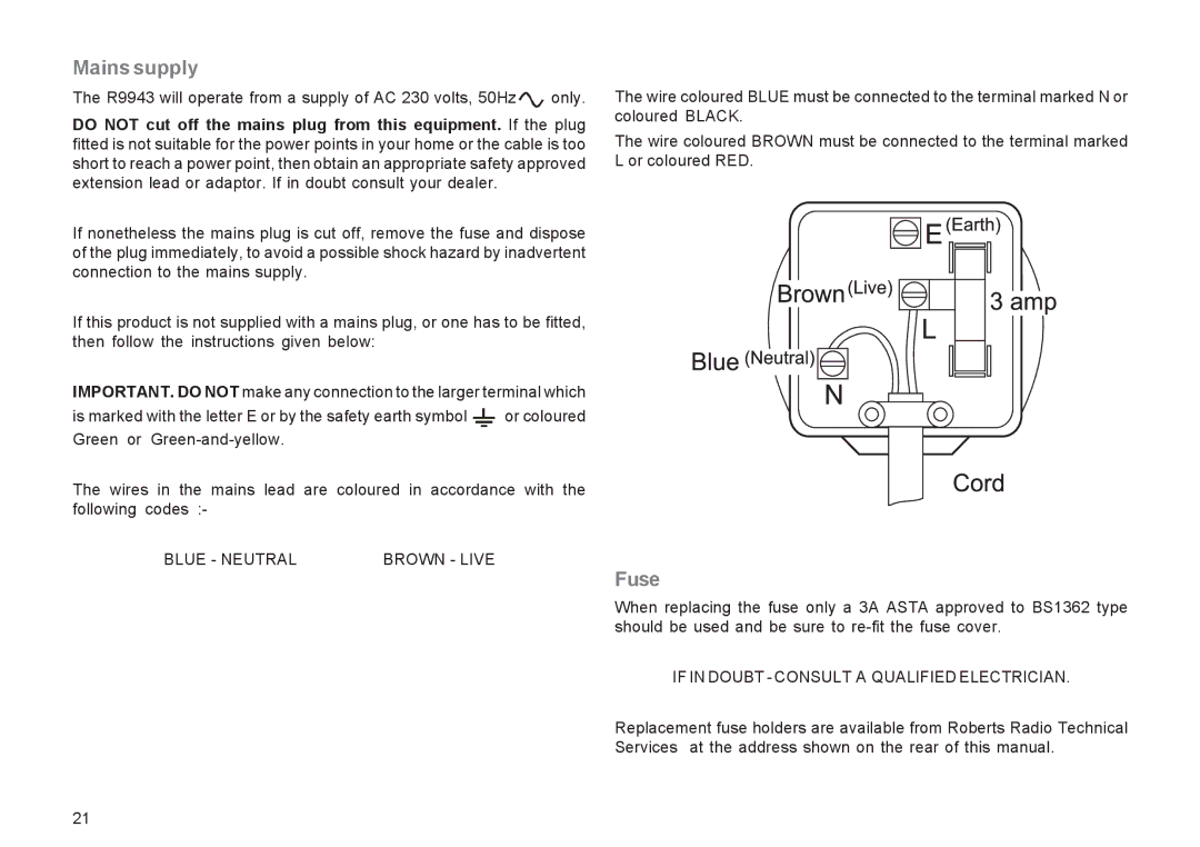 Roberts Radio R9943 manual Mains supply, Fuse 