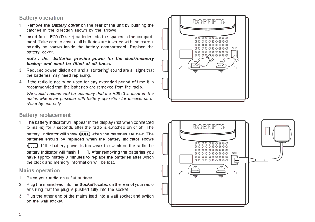 Roberts Radio R9943 manual Battery operation, Battery replacement, Mains operation 