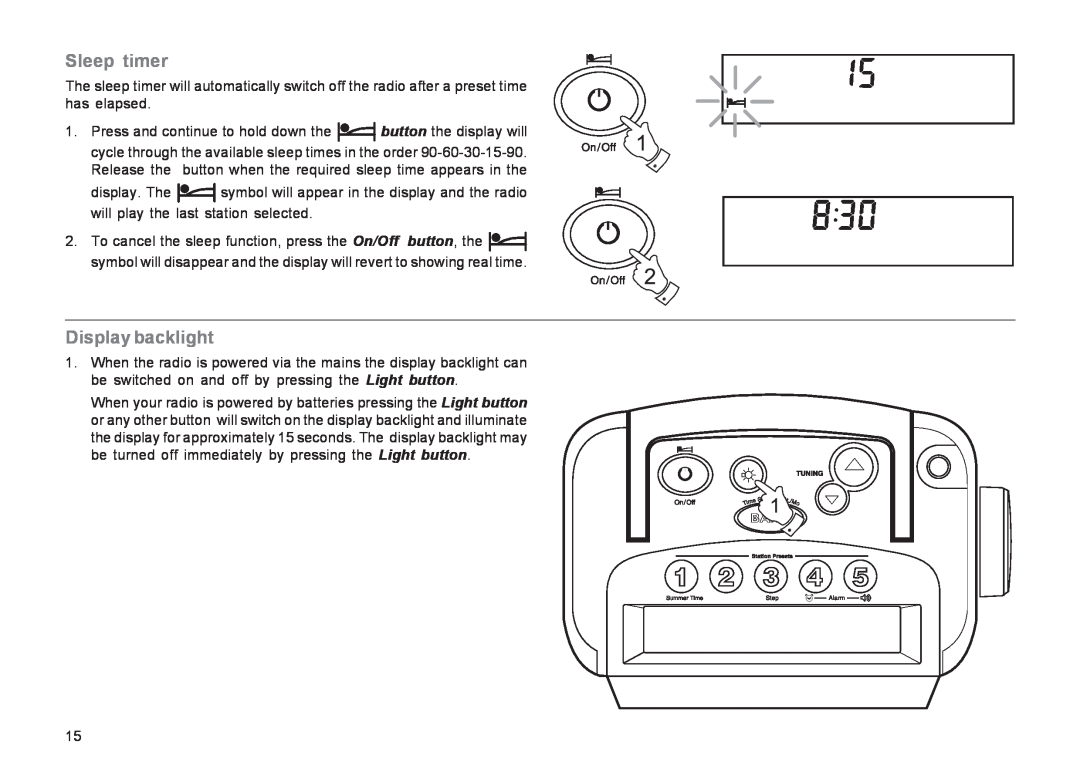 Roberts Radio R9943 manual Sleep timer, Display backlight 