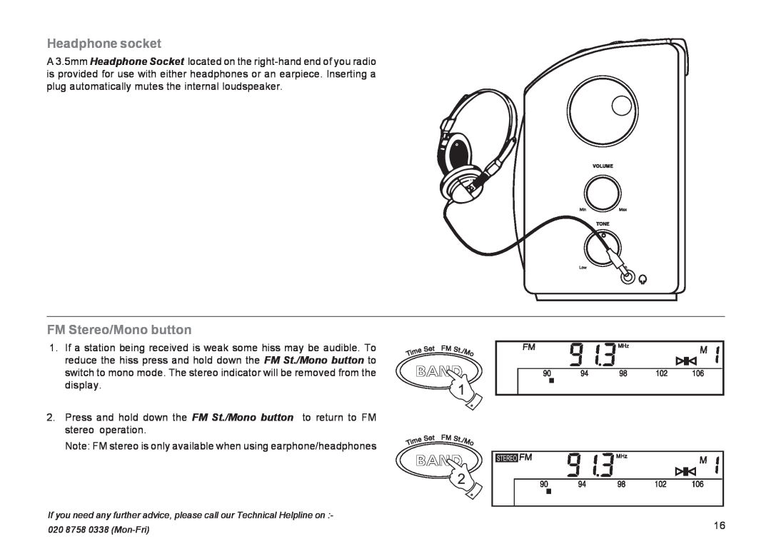 Roberts Radio R9943 manual Headphone socket, FM Stereo/Mono button 