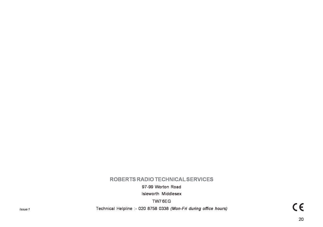 Roberts Radio R9943 manual Roberts Radio Technical Services, 97-99Worton Road, Isleworth Middlesex, TW7 6EG, Issue 