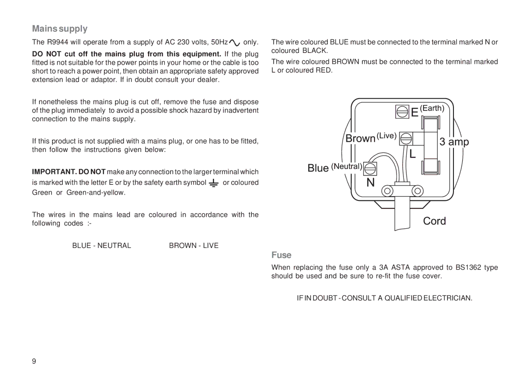 Roberts Radio R9944 manual Mains supply, Fuse 