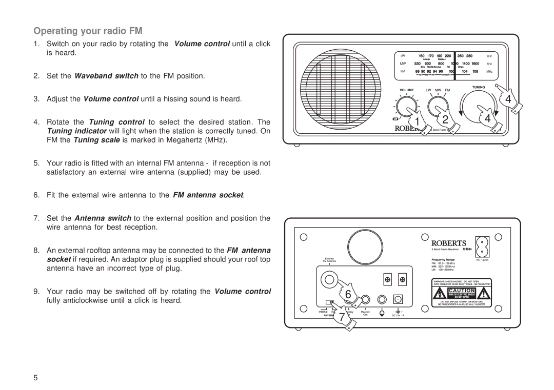 Roberts Radio R9944 manual Operating your radio FM 