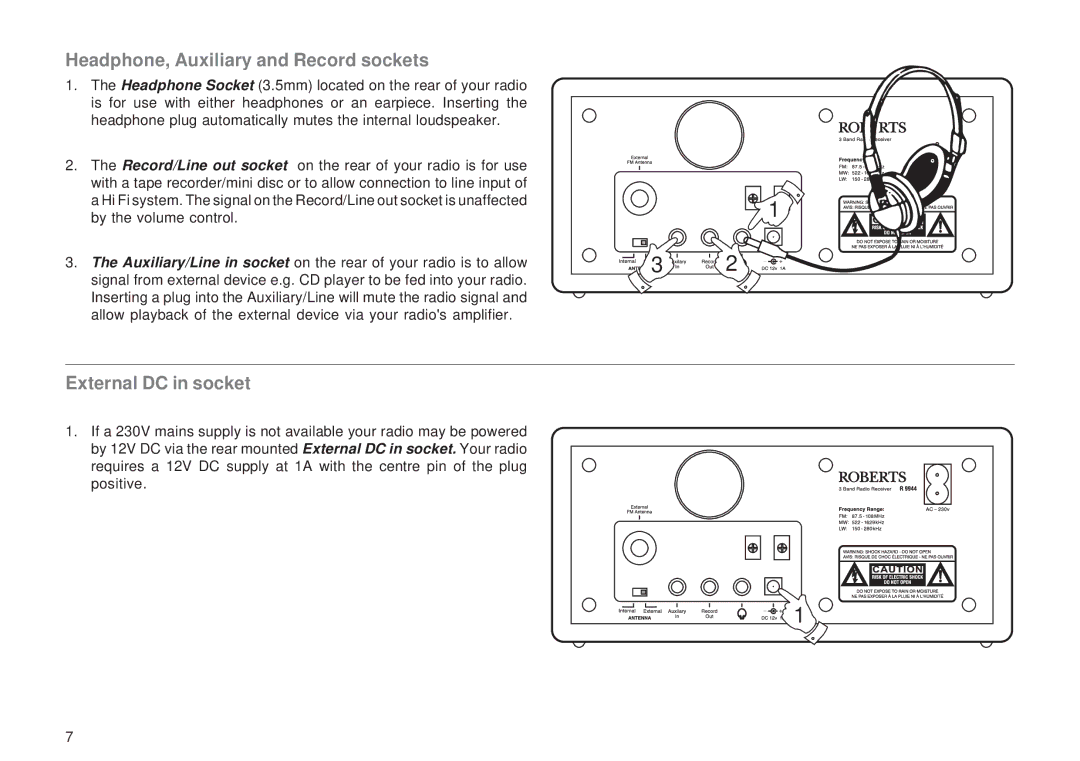 Roberts Radio R9944 manual Headphone, Auxiliary and Record sockets, External DC in socket 