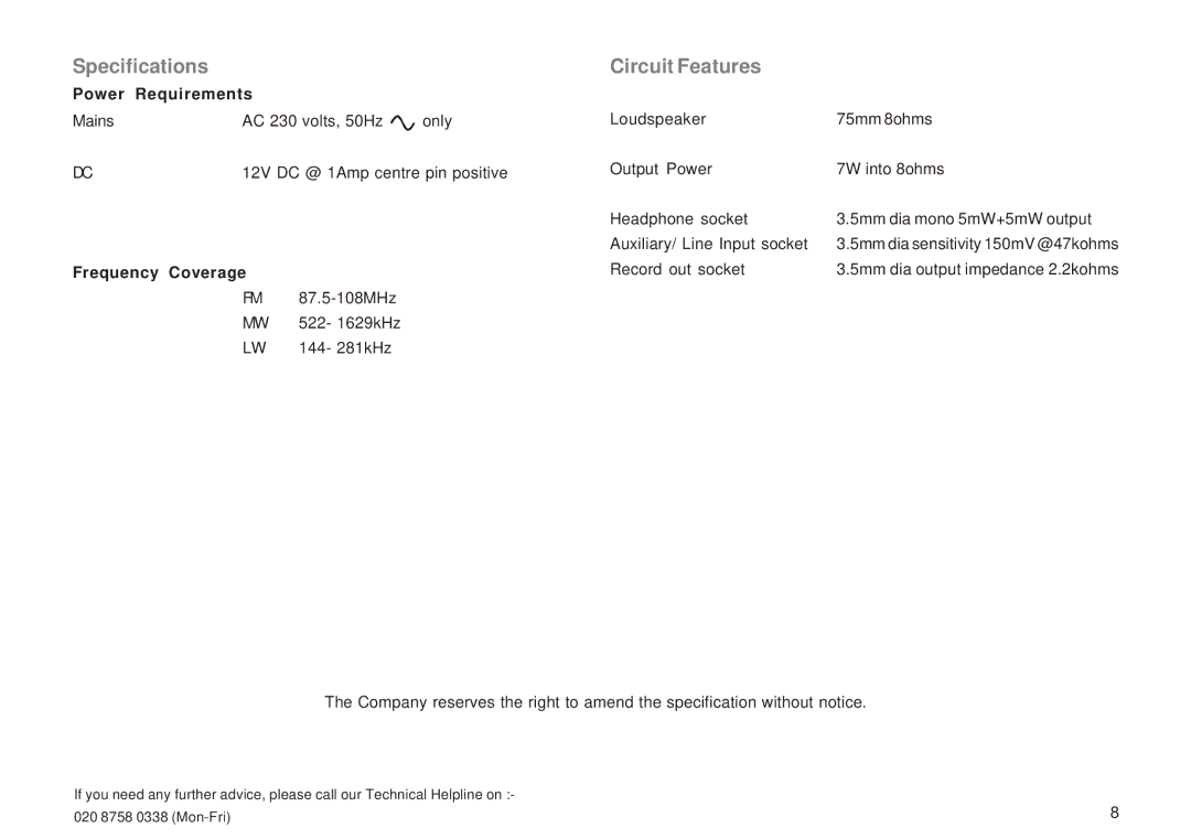 Roberts Radio R9944 manual Specifications, Circuit Features 