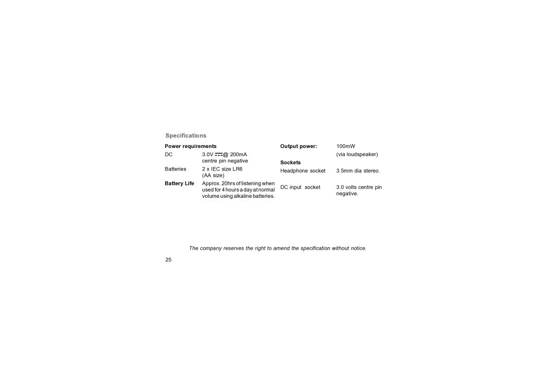 Roberts Radio R9947 manual Specifications, Power requirements 