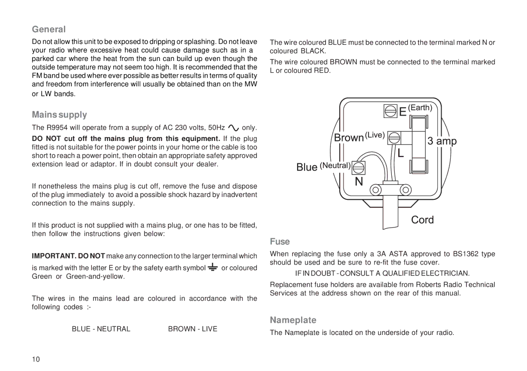 Roberts Radio R9954 manual General, Mains supply, Fuse, Nameplate 