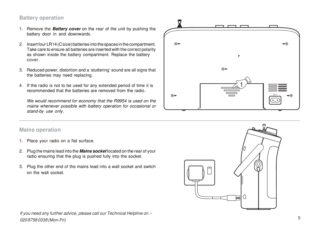 Roberts Radio R9954 manual Battery operation, Mains operation 