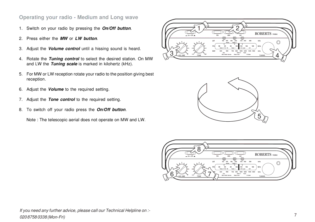 Roberts Radio R9954 manual Operating your radio Medium and Long wave 