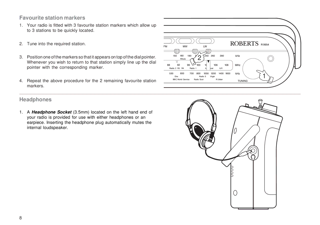 Roberts Radio R9954 manual Favourite station markers, Headphones 