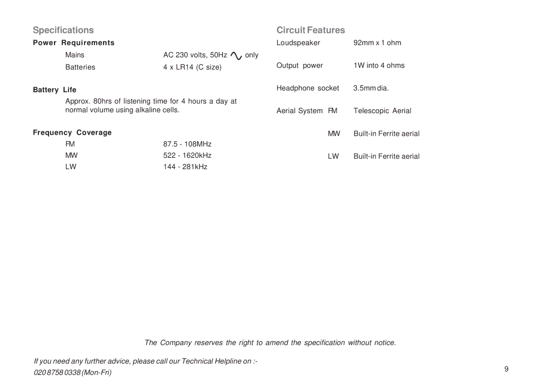 Roberts Radio R9954 manual Specifications, Circuit Features 