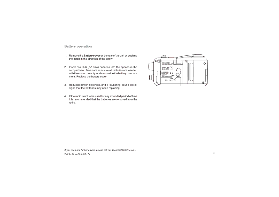 Roberts Radio R9957 manual Battery operation 