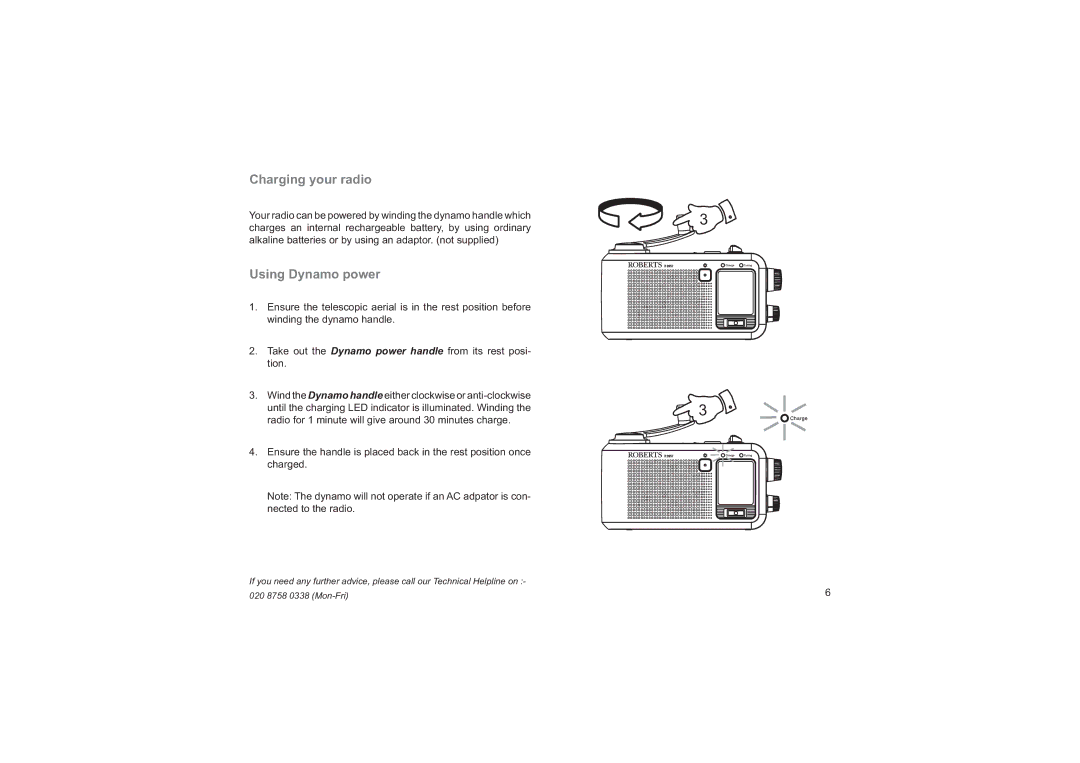 Roberts Radio R9957 manual Charging your radio, Using Dynamo power 