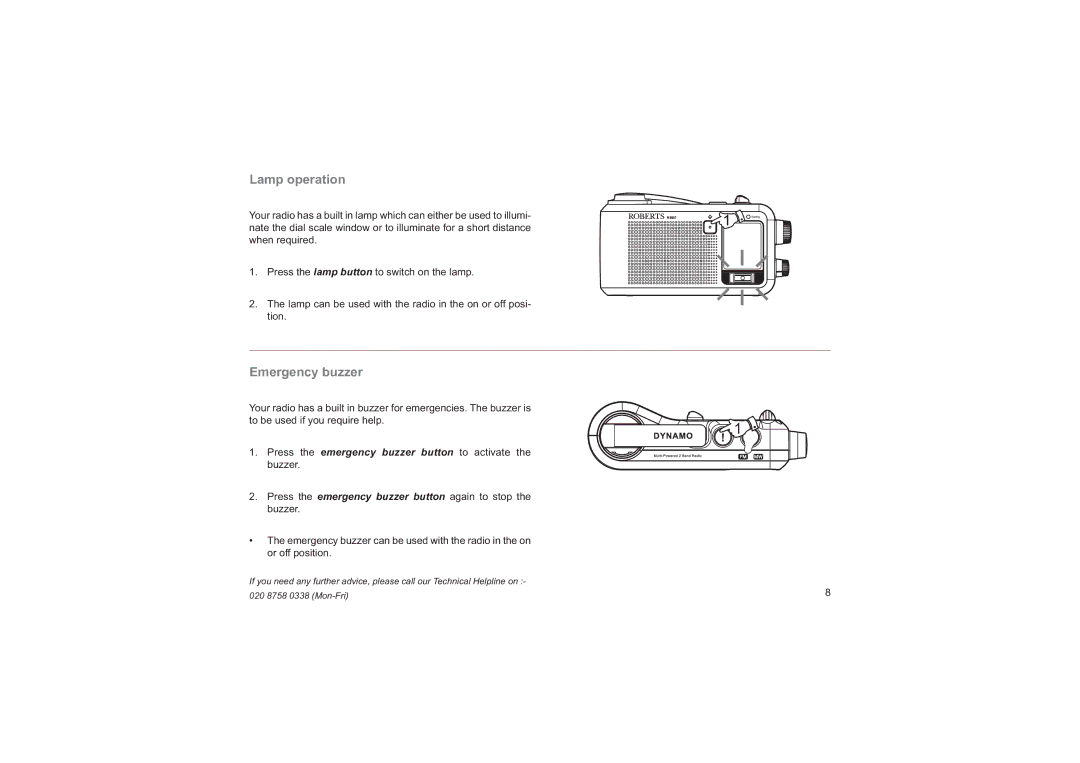 Roberts Radio R9957 manual Lamp operation, Emergency buzzer 