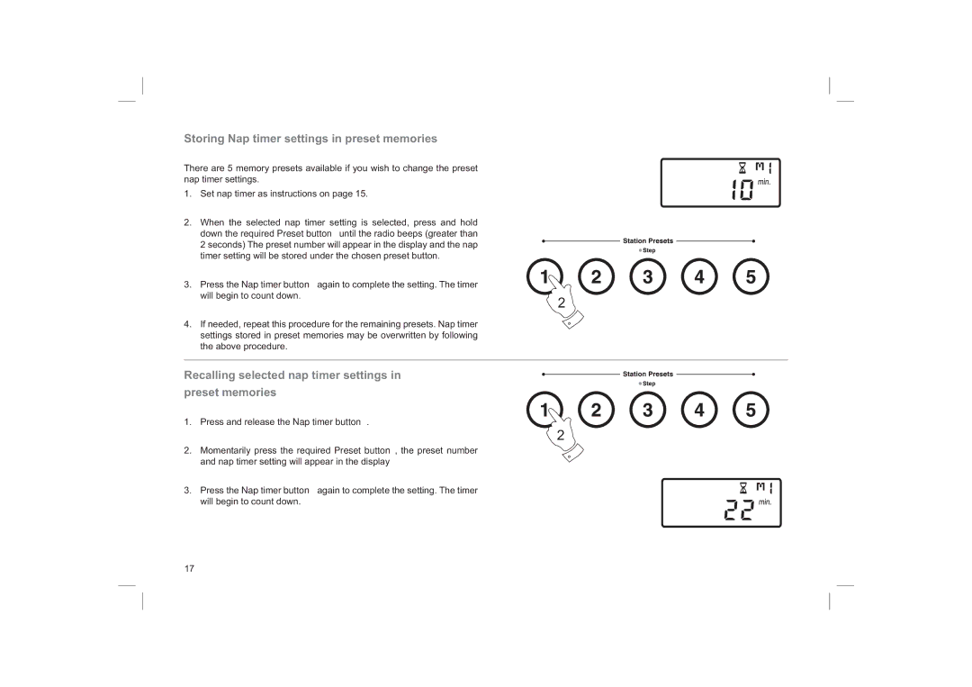 Roberts Radio R9958 Storing Nap timer settings in preset memories, Recalling selected nap timer settings Preset memories 