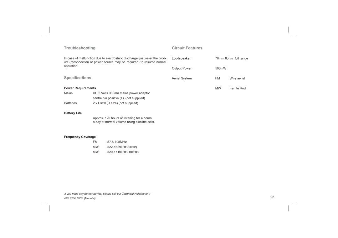 Roberts Radio R9958 manual Troubleshooting Circuit Features, Speciﬁcations 