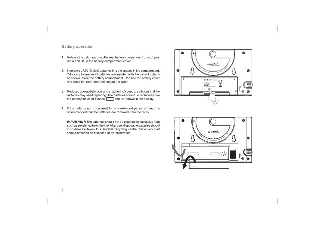 Roberts Radio R9958 manual Battery operation 