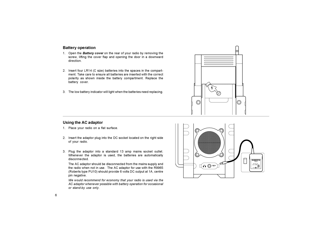 Roberts Radio R9965 manual Battery operation, Using the AC adaptor 