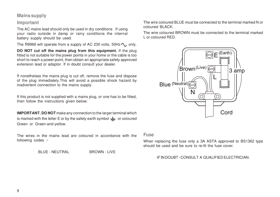 Roberts Radio R9966 manual Mains supply, Fuse 